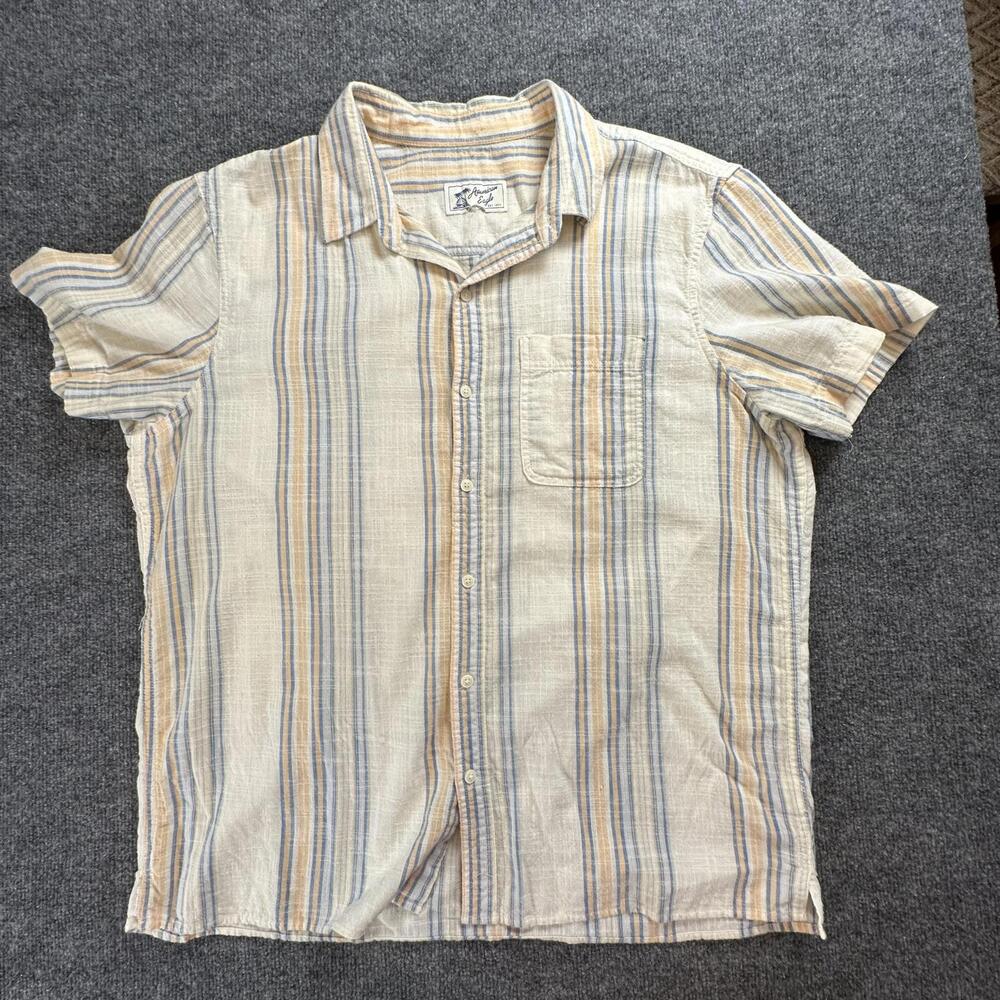 American Eagle Mens Casual Short Sleeve Button‎ Up Striped Shirt Beige XL #138